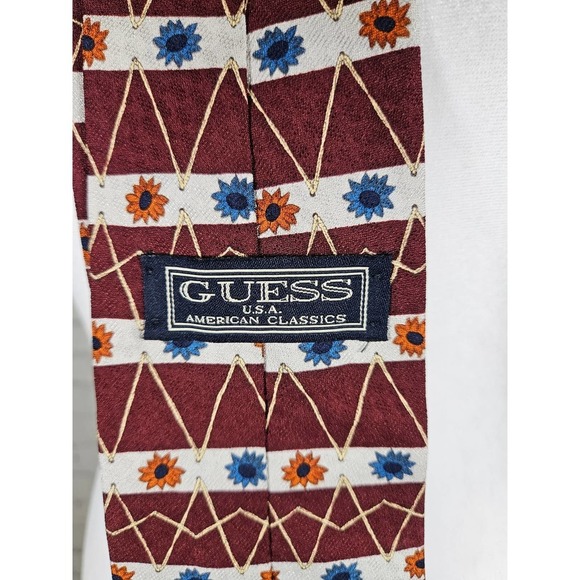 Vintage GUESS Men's Tie 100% Silk Red Orange Blue Floral Abstract - Picture 2 of 4